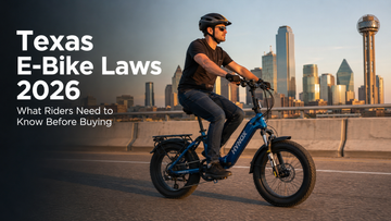 Texas E-Bike Laws 2026, electric bicycle rider in Dallas city background, e-bike buying guide for Texas riders