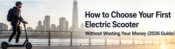 City sunset banner with man riding e-scooter, 2026 first electric scooter buying guide headline