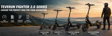 Panoramic sunset mountain landscape banner displaying the TEVERUN Fighter 2.0 series lineup of teverun electric scooter products