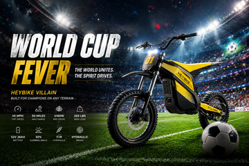 World Cup Fever promotional banner featuring Heybike Villain by EZWheel on football stadium pitch with soccer ball