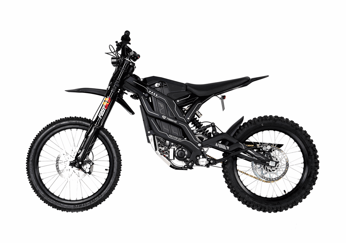 79BIKE Falcon GT electric dirt bike in black with reinforced aluminum frame, knobby tires, and full suspension system