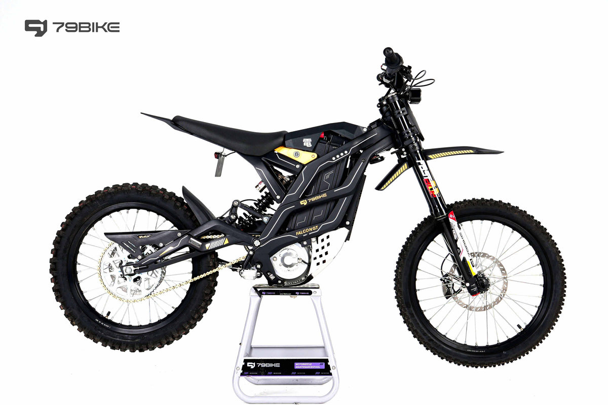 79BIKE Falcon GT electric dirt bike in black with rugged off-road tires, full suspension, and hydraulic disc brakes