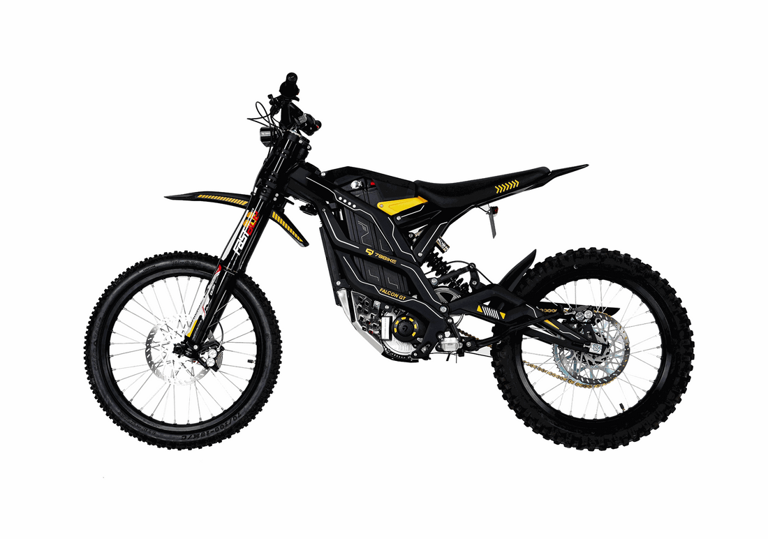 79BIKE Falcon GT electric dirt bike in black with yellow accents, knobby off-road tires, and reinforced aluminum frame