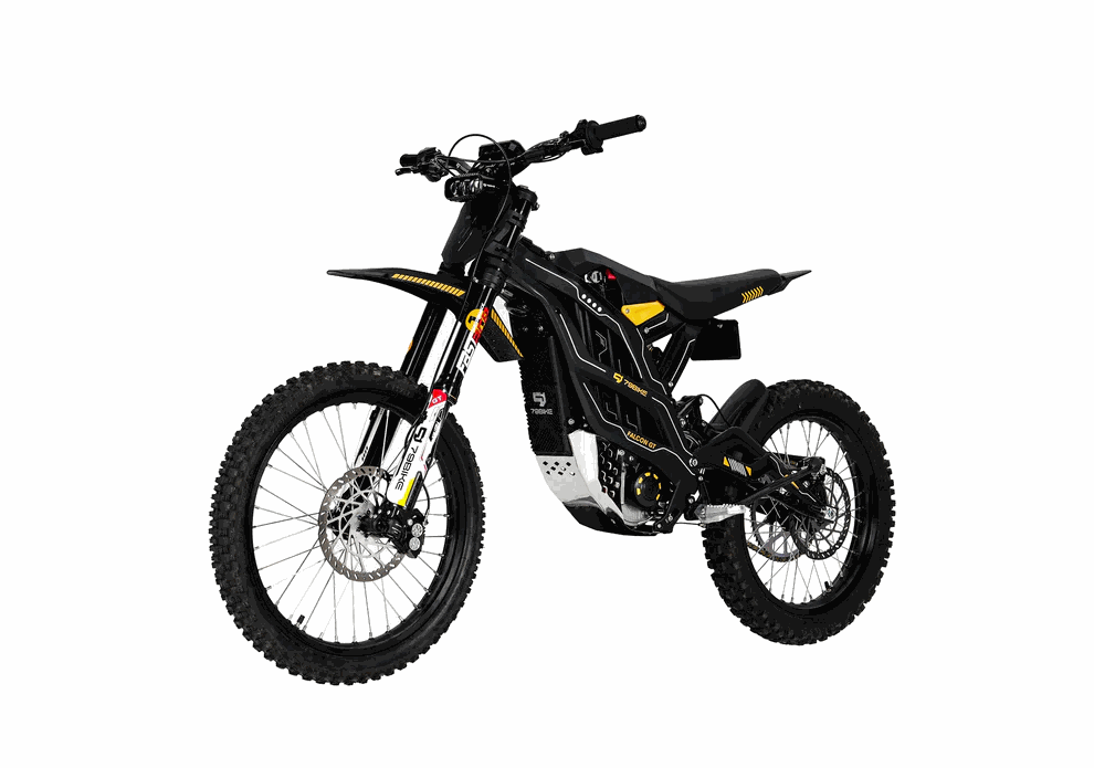 79BIKE Falcon GT electric dirt bike in black with yellow accents, knobby off-road tires, and full suspension system