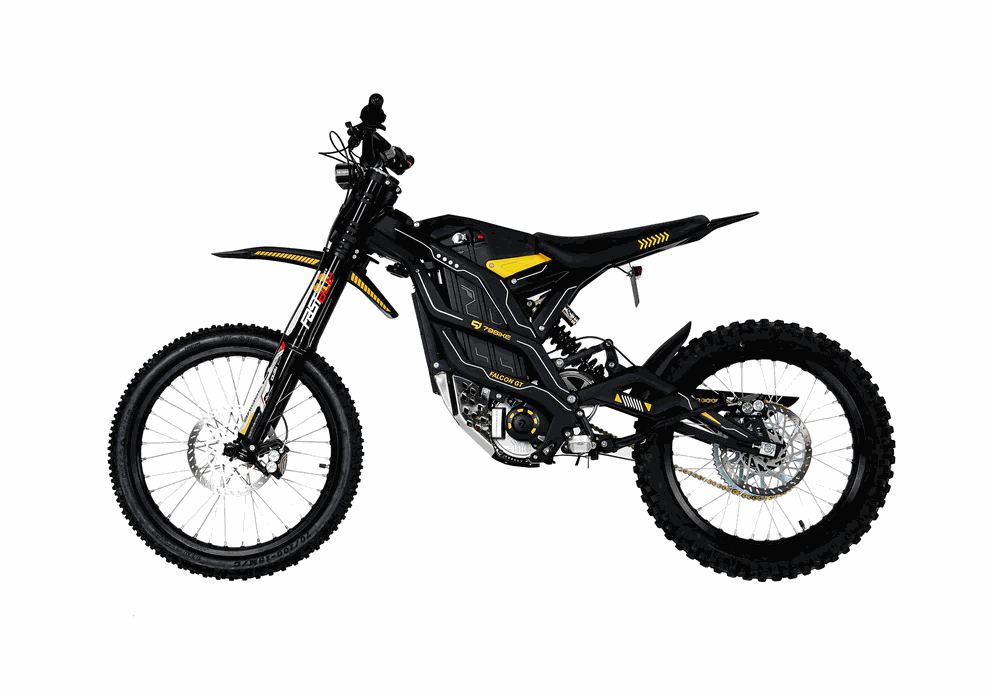 79BIKE Falcon GT electric dirt bike in black with yellow accents, knobby off-road tires, and reinforced aluminum frame