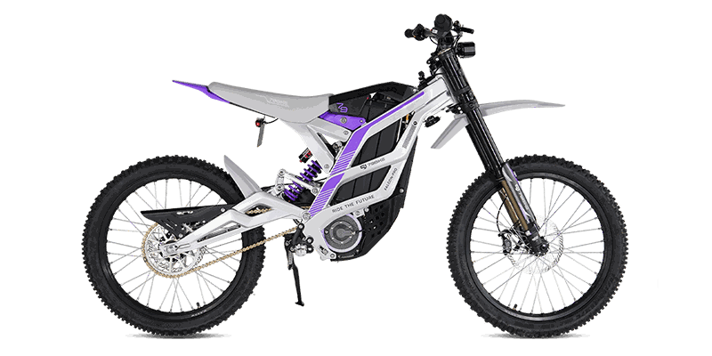 79BIKE Falcon GT electric dirt bike with silver and purple aluminum frame, black off-road tires, and full suspension system