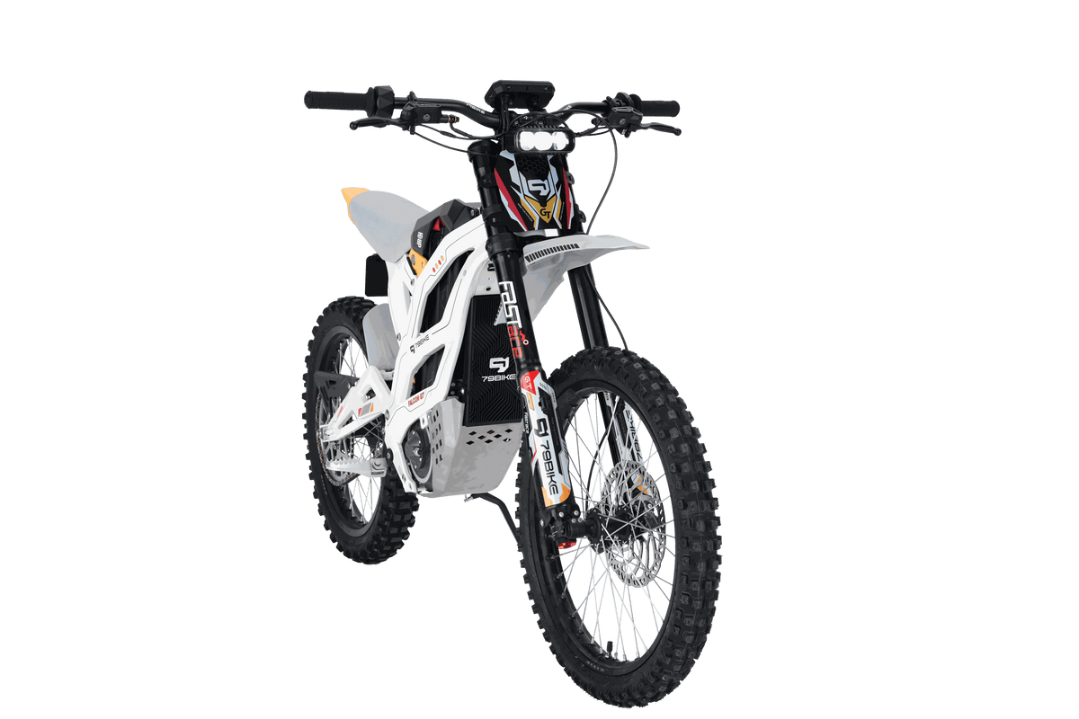 79BIKE Falcon GT electric dirt bike with white and black frame, knobby off-road tires, and LED headlights