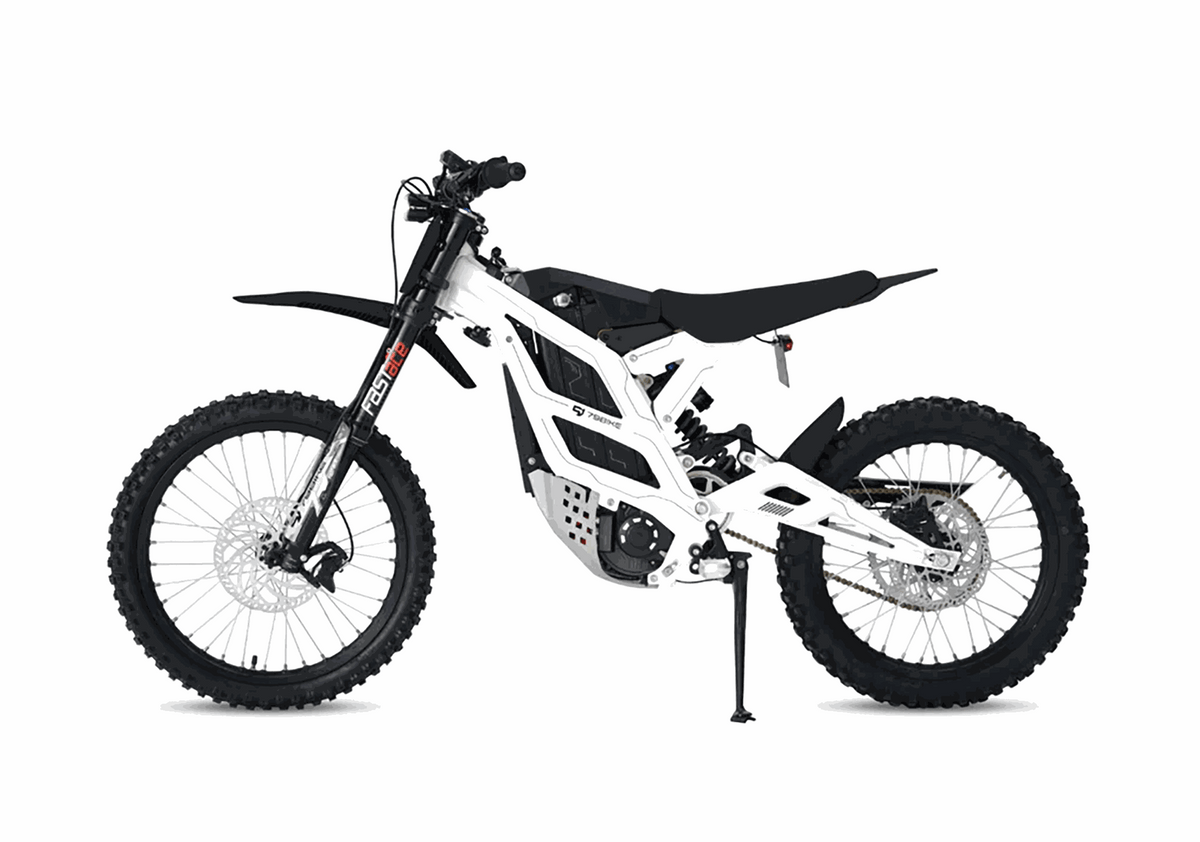 79BIKE Falcon GT electric dirt bike in white with black details, knobby off-road tires, and sturdy suspension