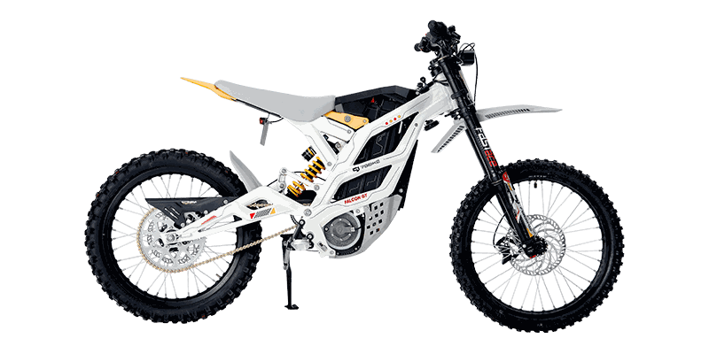 79BIKE Falcon GT electric dirt bike in white and black with yellow accents, off-road tires, and a sturdy aluminum frame