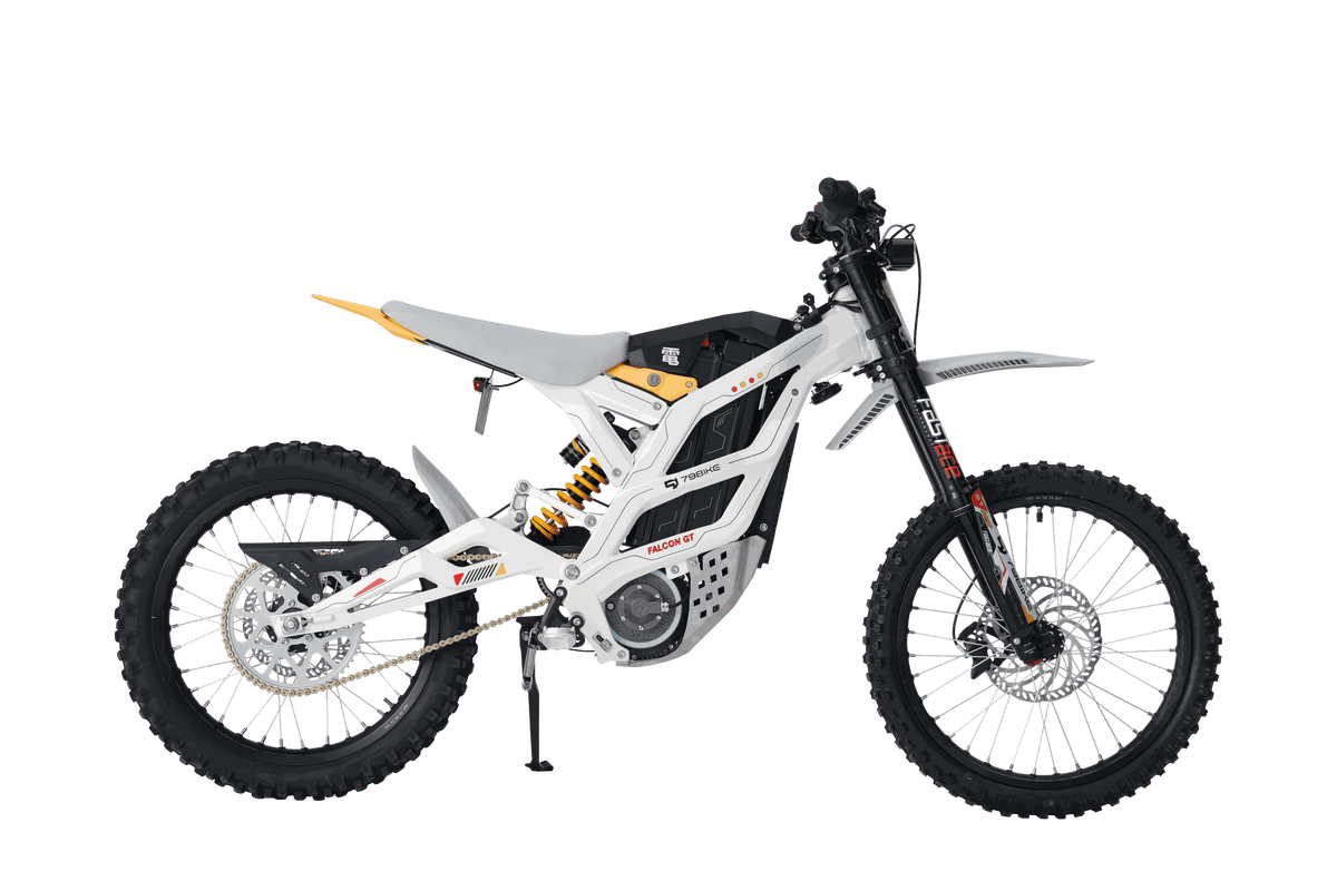 79BIKE Falcon GT white and black electric dirt bike with yellow accents and off-road knobby tires