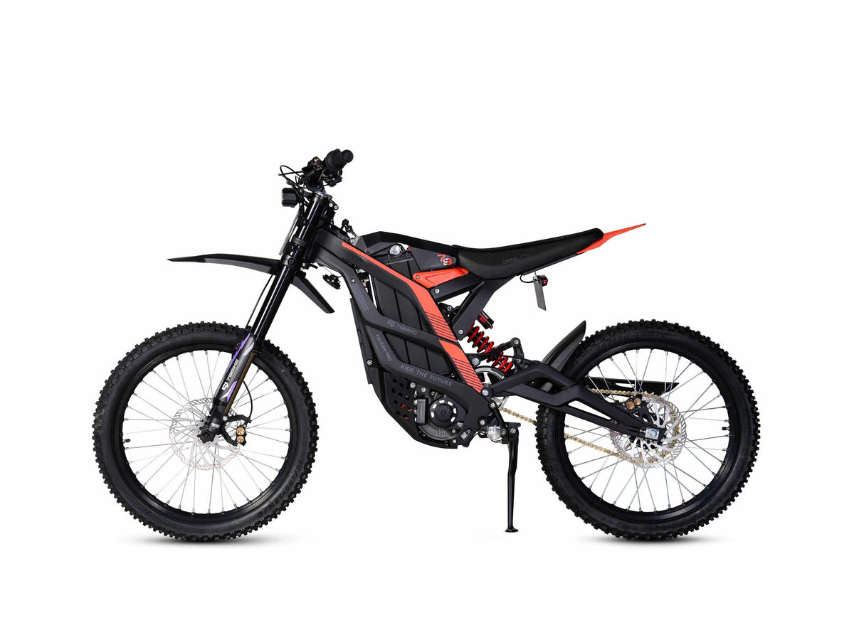 79BIKE Falcon Pro electric dirt bike with black and red forged aluminum frame, off-road tires, and full suspension