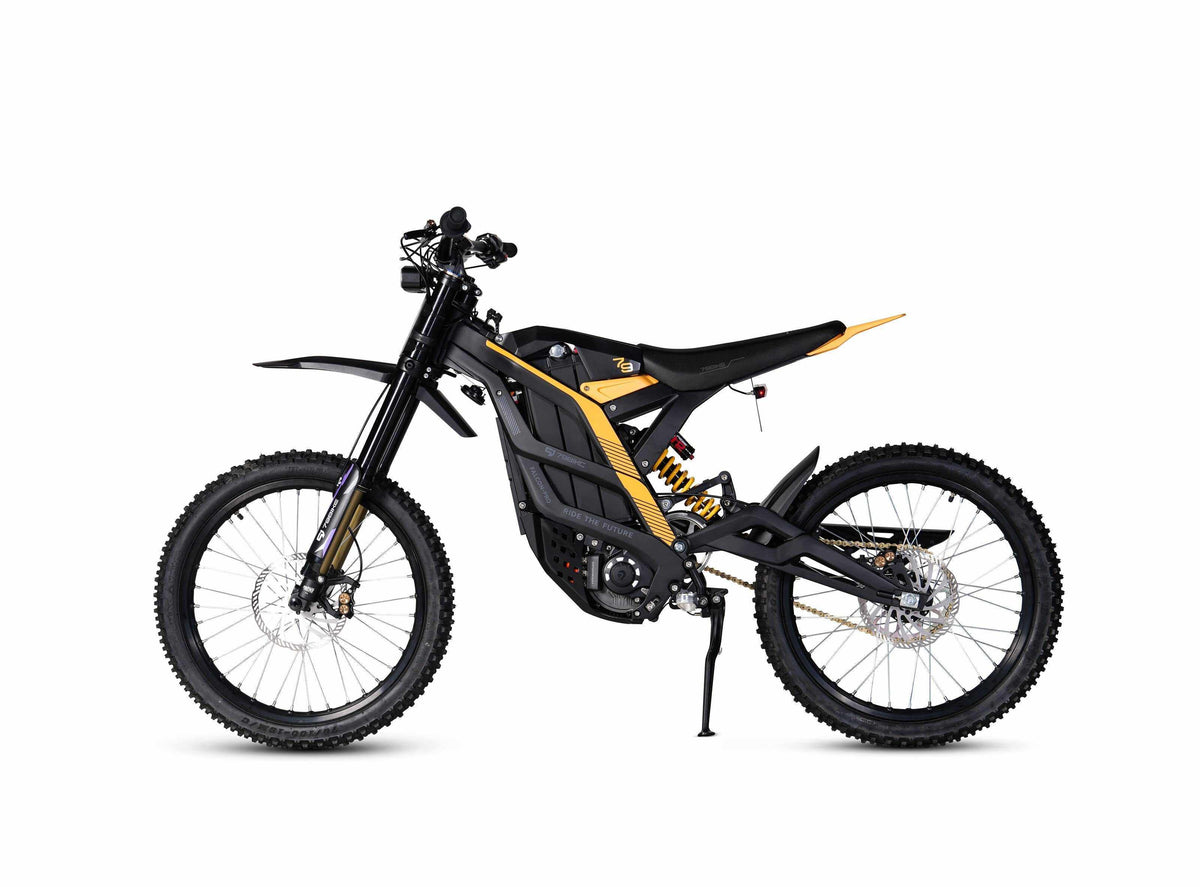 79BIKE Falcon Pro electric dirt bike in black and yellow with forged aluminum frame, hydraulic disc brakes, and off-road tires