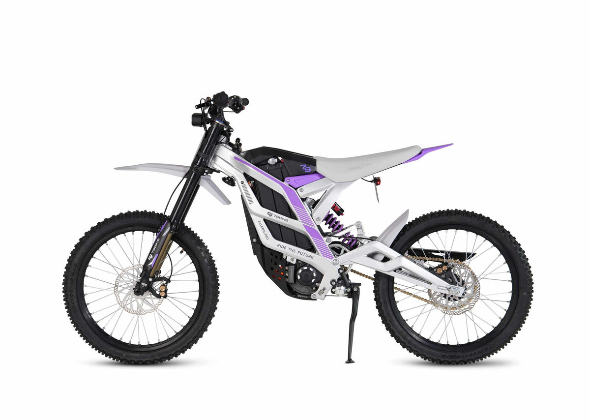 79BIKE Falcon Pro electric dirt bike in white and purple with forged aluminum frame, off-road tires, and dual suspension