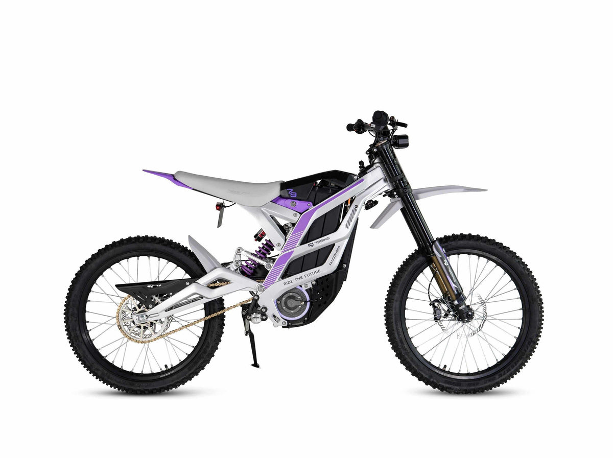 79BIKE Falcon Pro electric dirt bike in white and purple with forged aluminum frame, off-road tires, and full suspension
