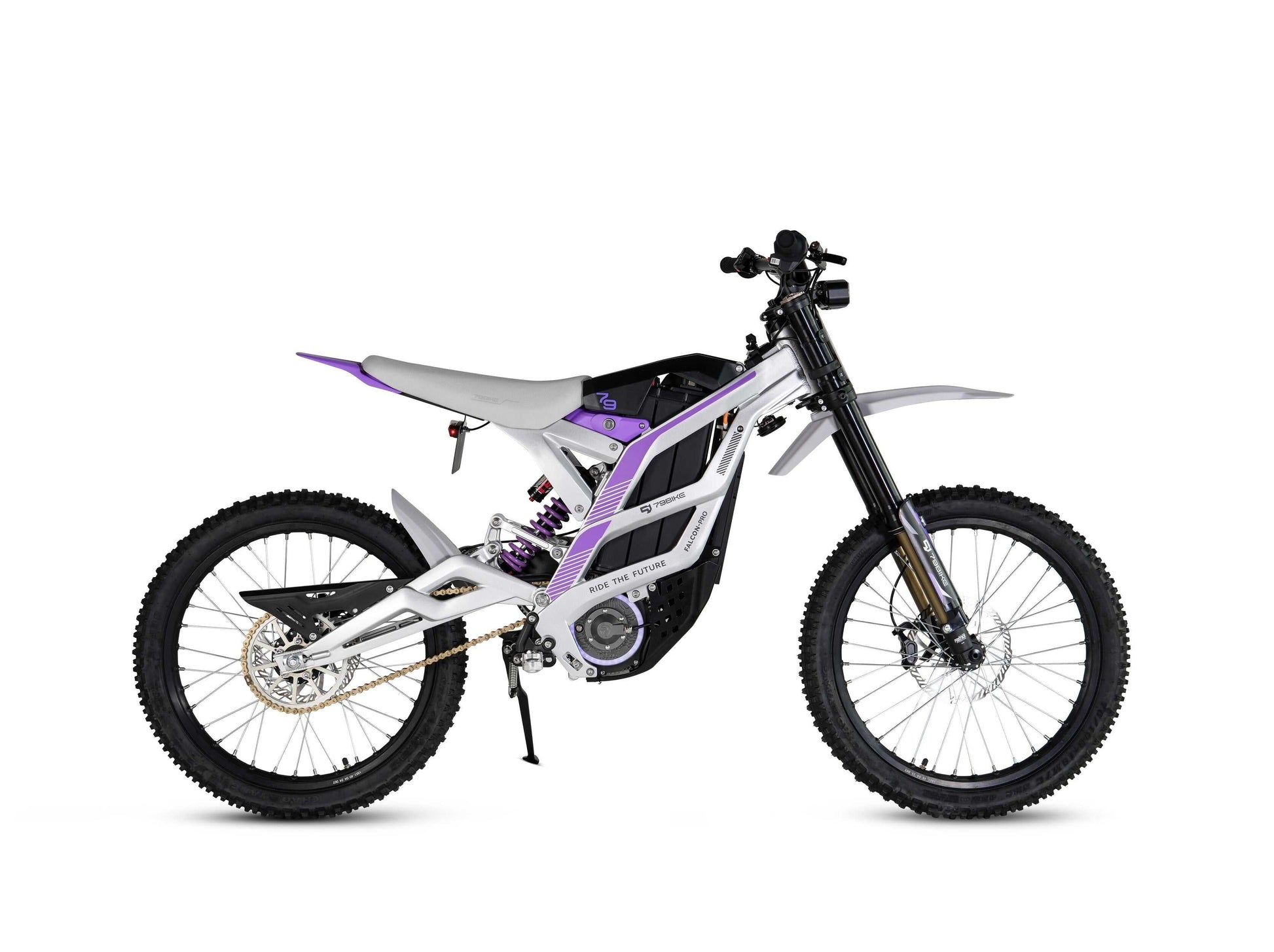 Close-up of 79 Bike Falcon Pro mid-drive motor and FOC control system casing on a dusty trail