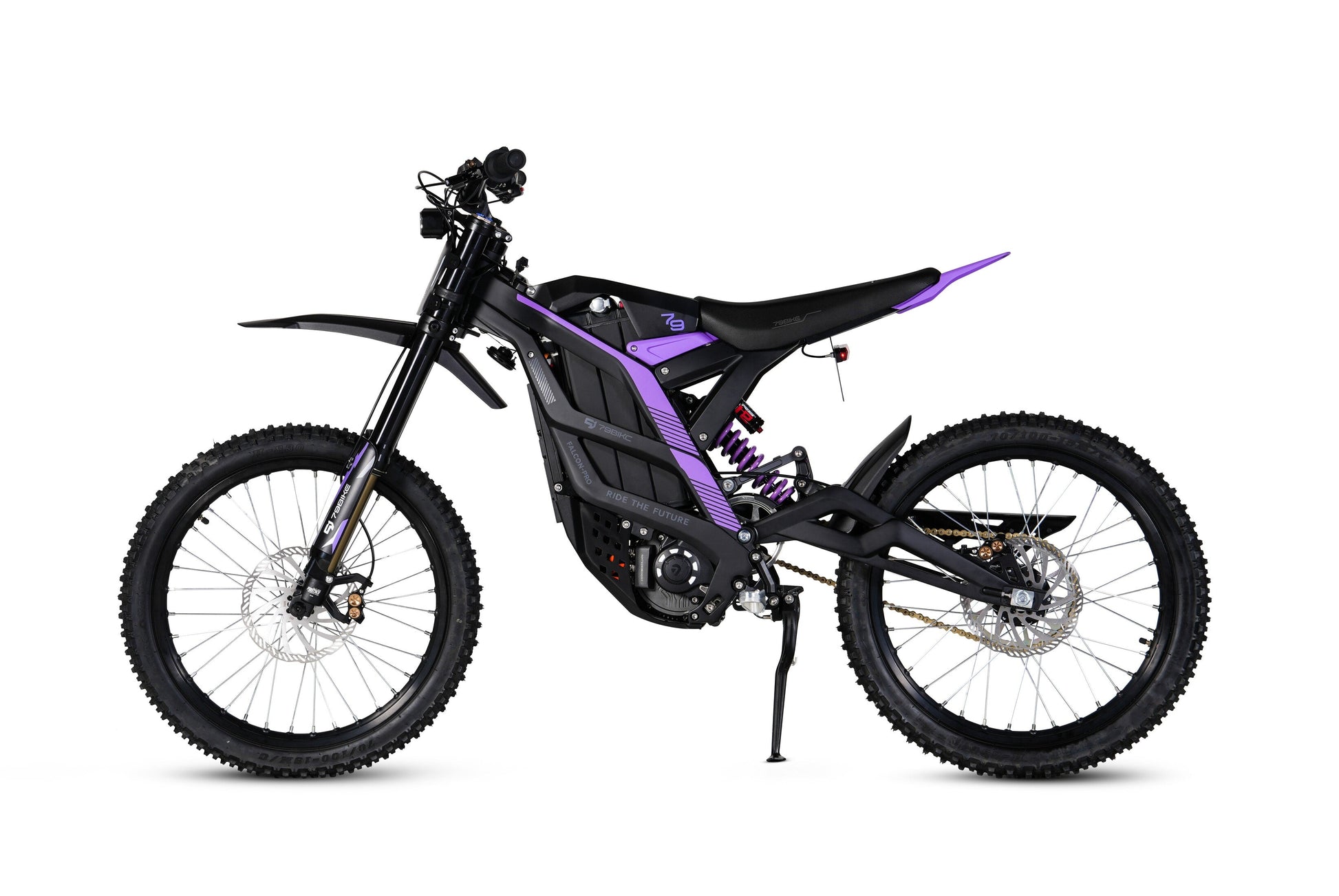 Side view of 79 Bike Falcon Pro parked on rocky terrain showing Fastace 2.0 inverted front fork and rear shock