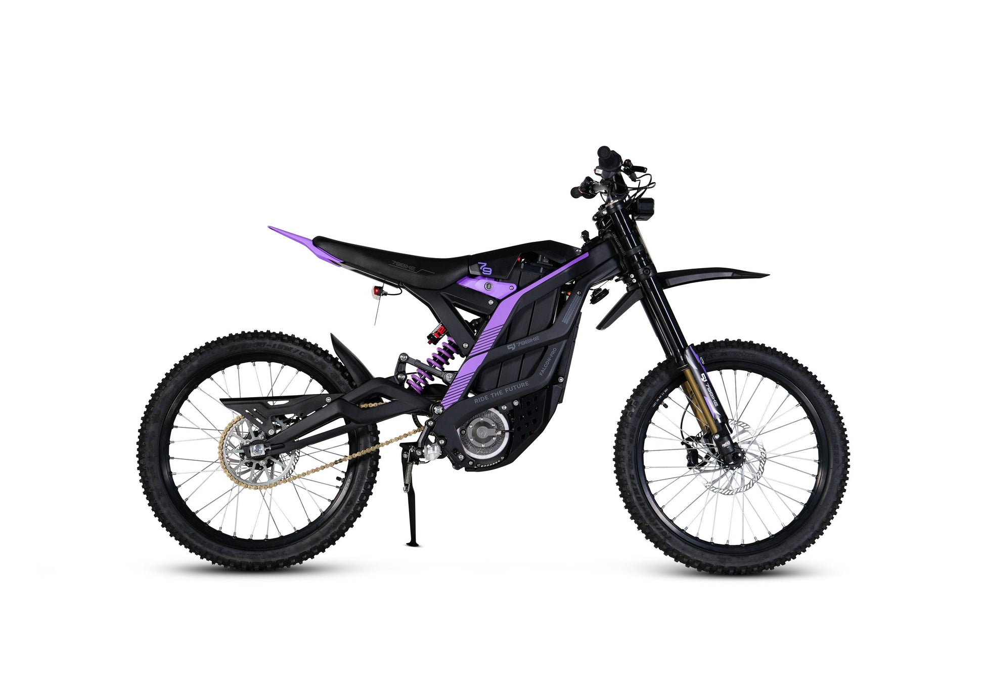 79 Bike Falcon Pro electric dirt bike riding fast on a rugged off-road trail with 10 kW peak motor power