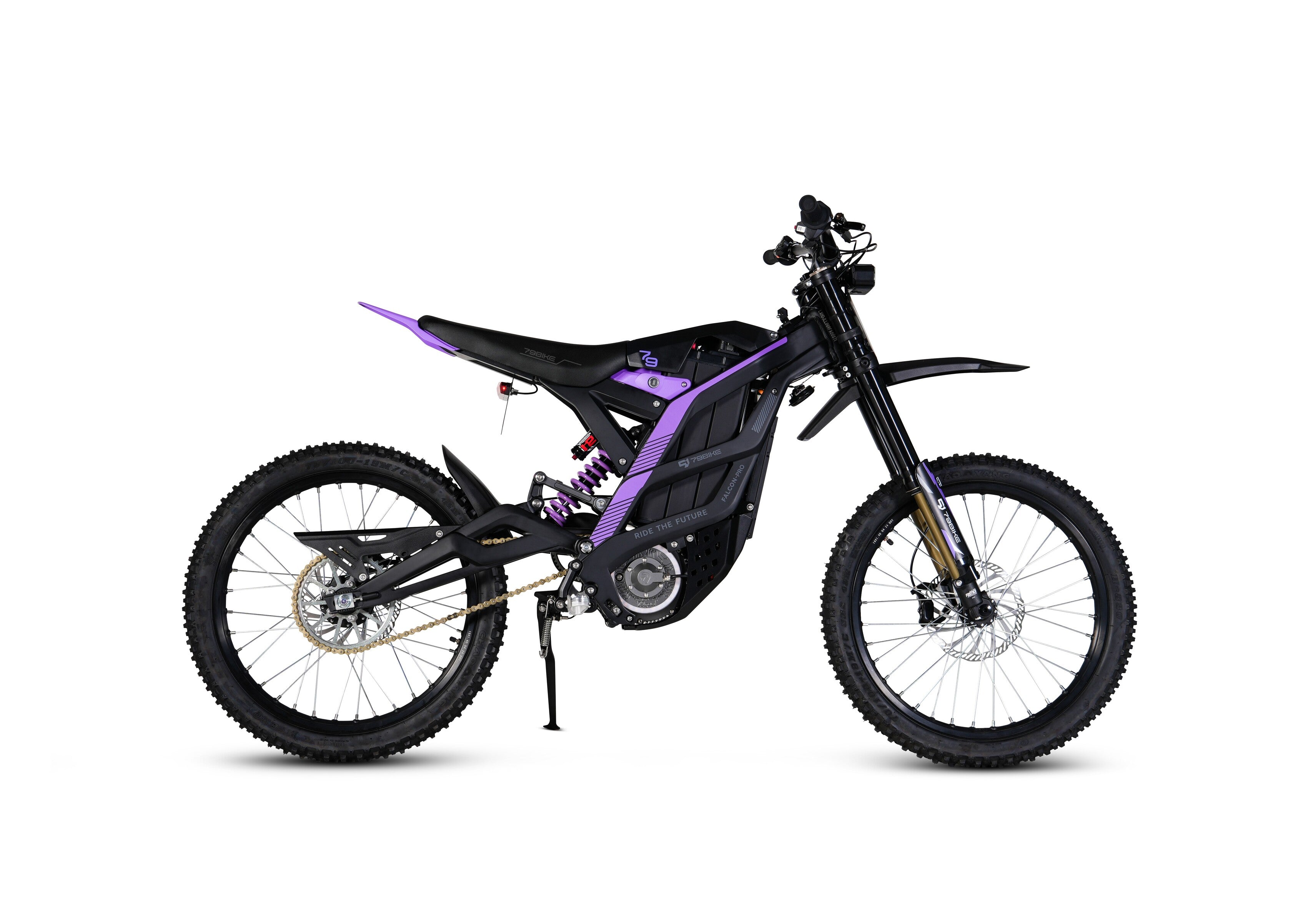 79 Bike Falcon Pro electric dirt bike riding fast on a rugged off-road trail with 10 kW peak motor power