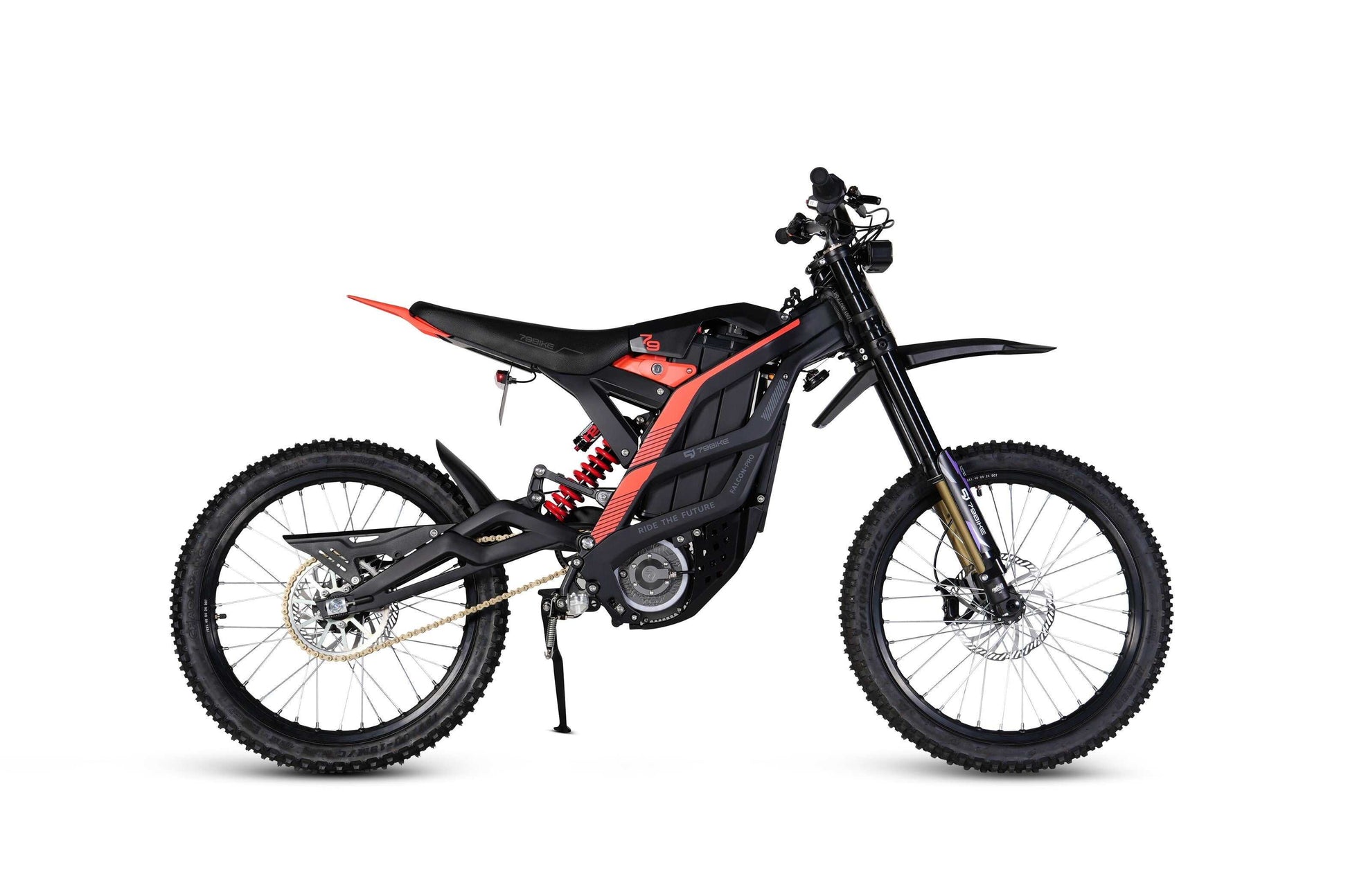 79 Bike Falcon Pro with 72V 35Ah lithium battery highlighted parked next to a trail sign showing 75-mile range