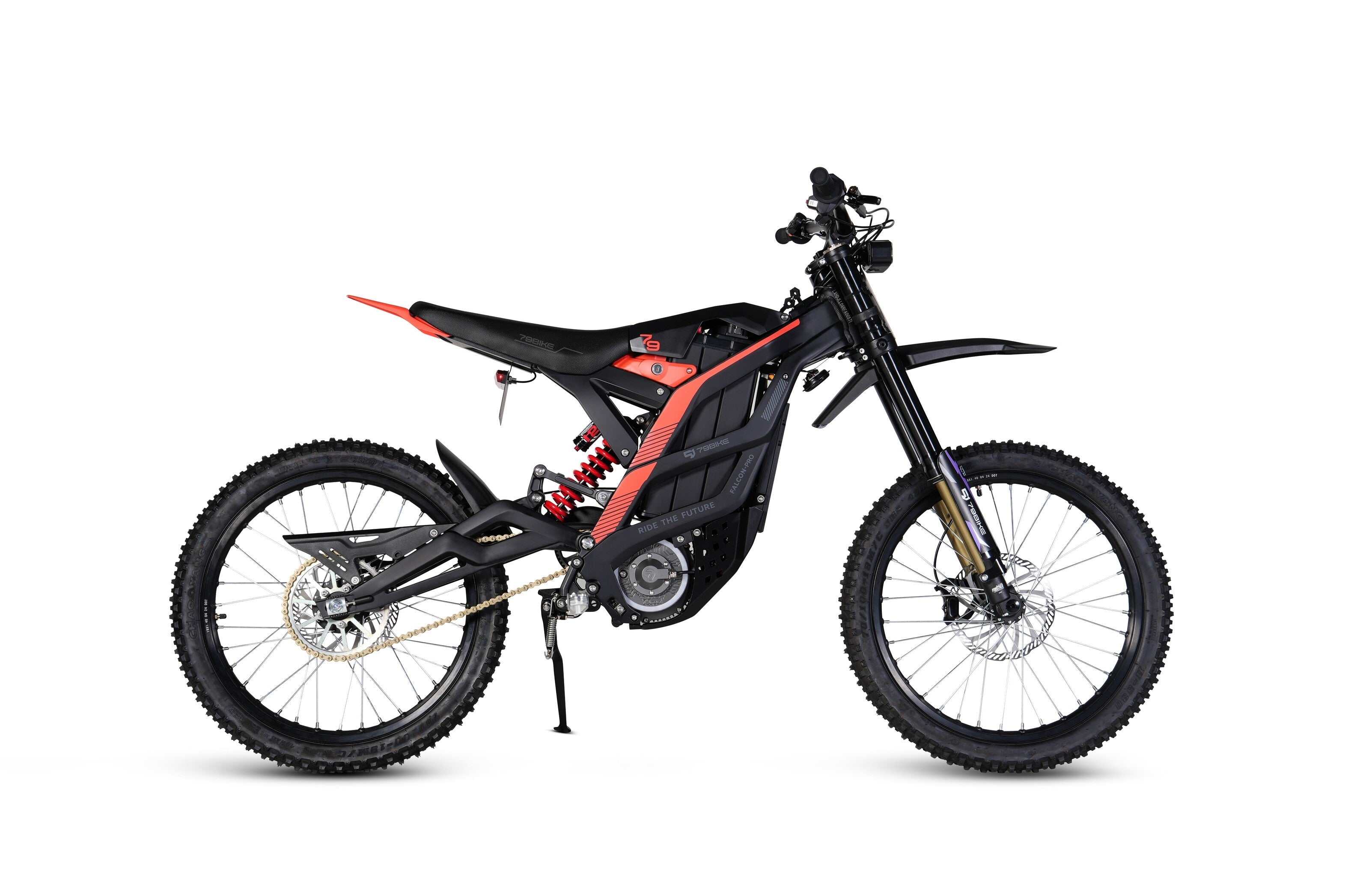 79 Bike Falcon Pro with 72V 35Ah lithium battery highlighted parked next to a trail sign showing 75-mile range