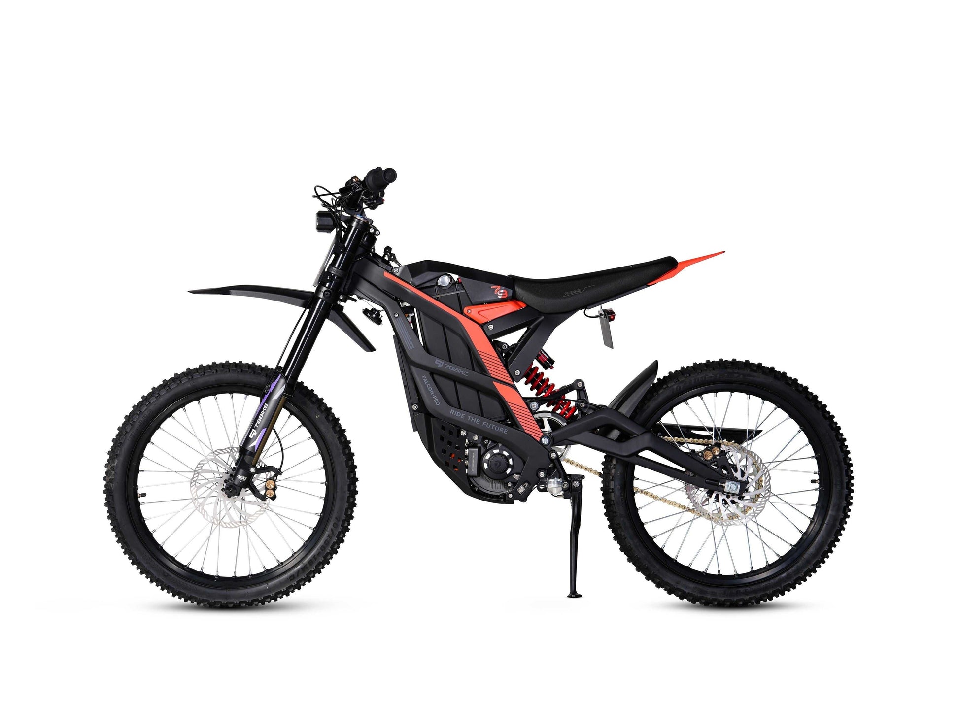 Rider on 79 Bike Falcon Pro navigating a wooded trail with full suspension system providing stable handling