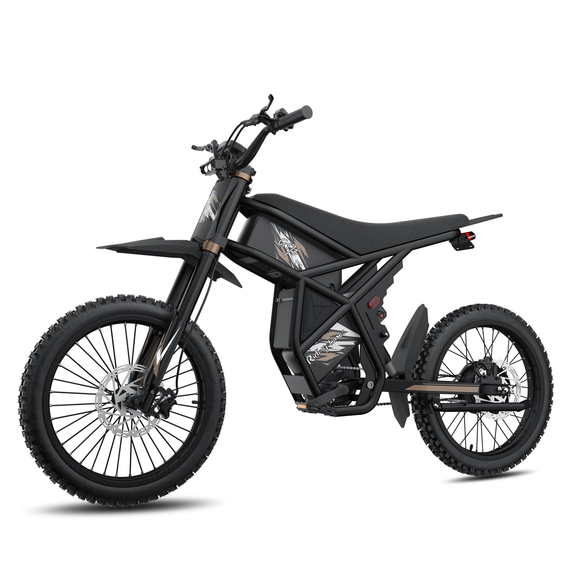 RidingTimes GT73 Pro electric motorbike with 3000 W peak motor and 338 N·m torque, top speed 50 mph.