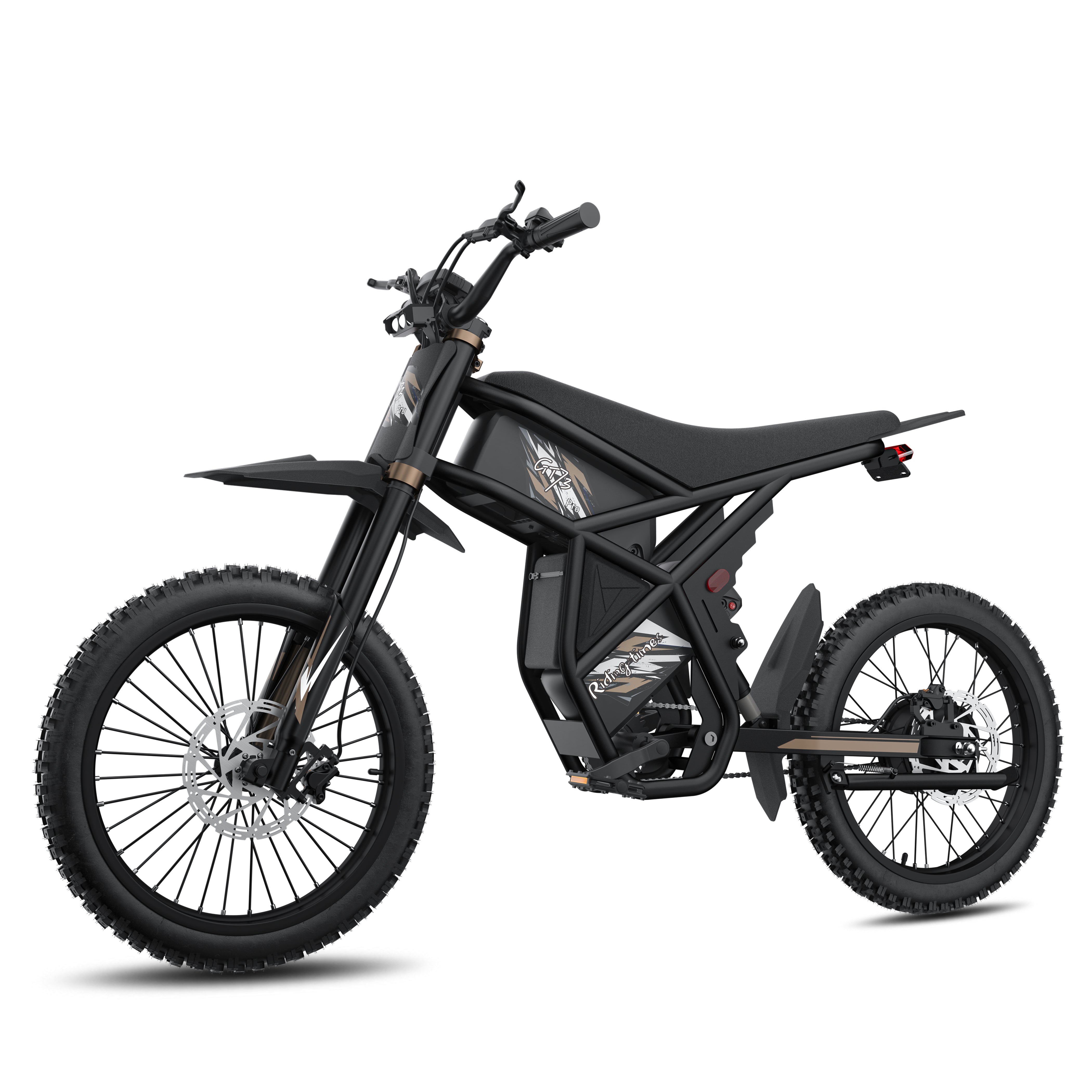 RidingTimes GT73 Pro electric motorbike with 3000 W peak motor and 338 N·m torque, top speed 50 mph.