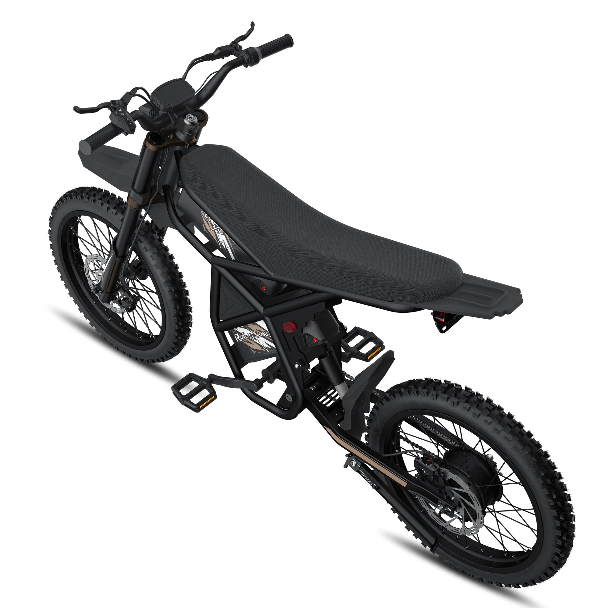RidingTimes GT73 Pro with hydraulic front forks, rear shocks, and large 25-inch off-road tires for rough terrain.