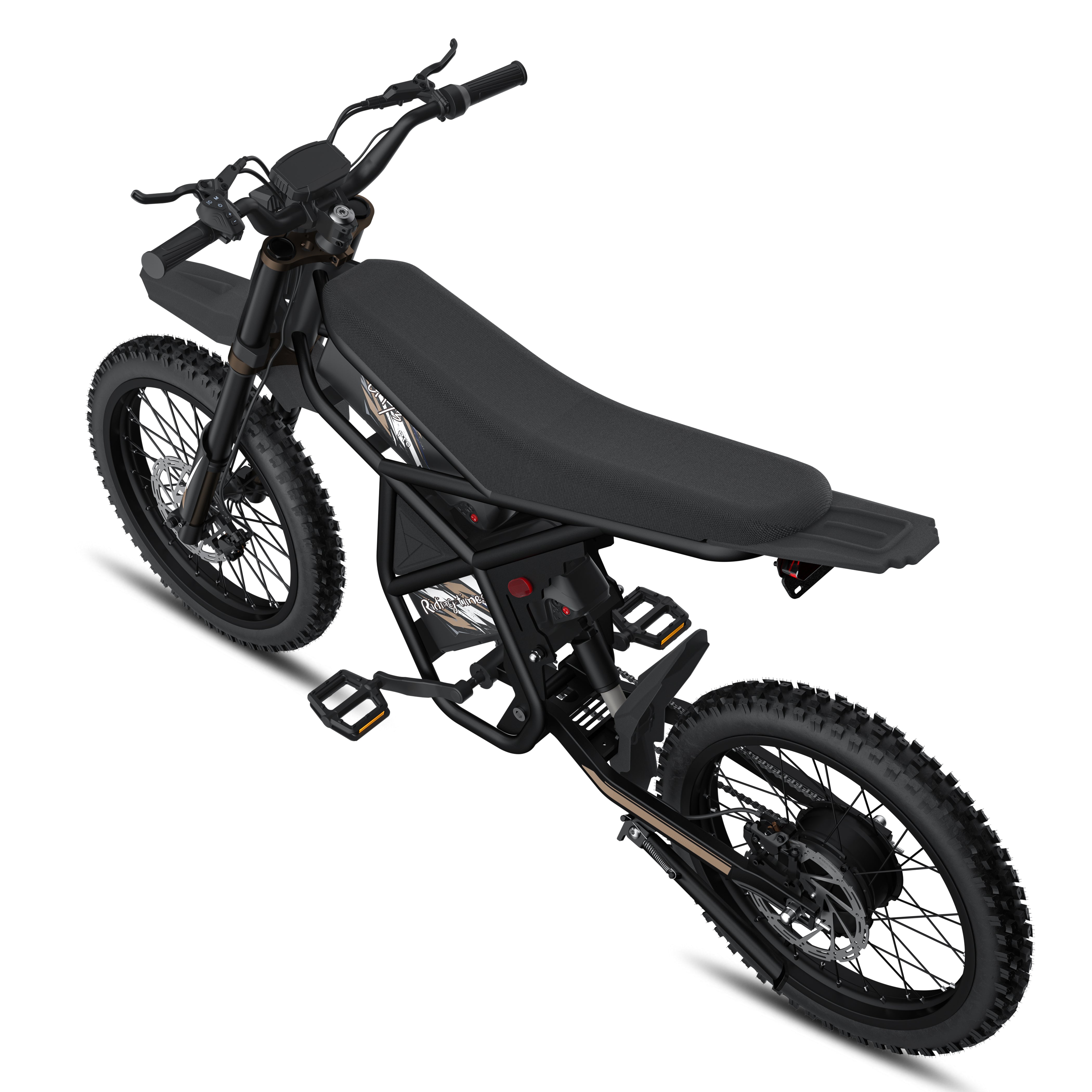 RidingTimes GT73 Pro with hydraulic front forks, rear shocks, and large 25-inch off-road tires for rough terrain.