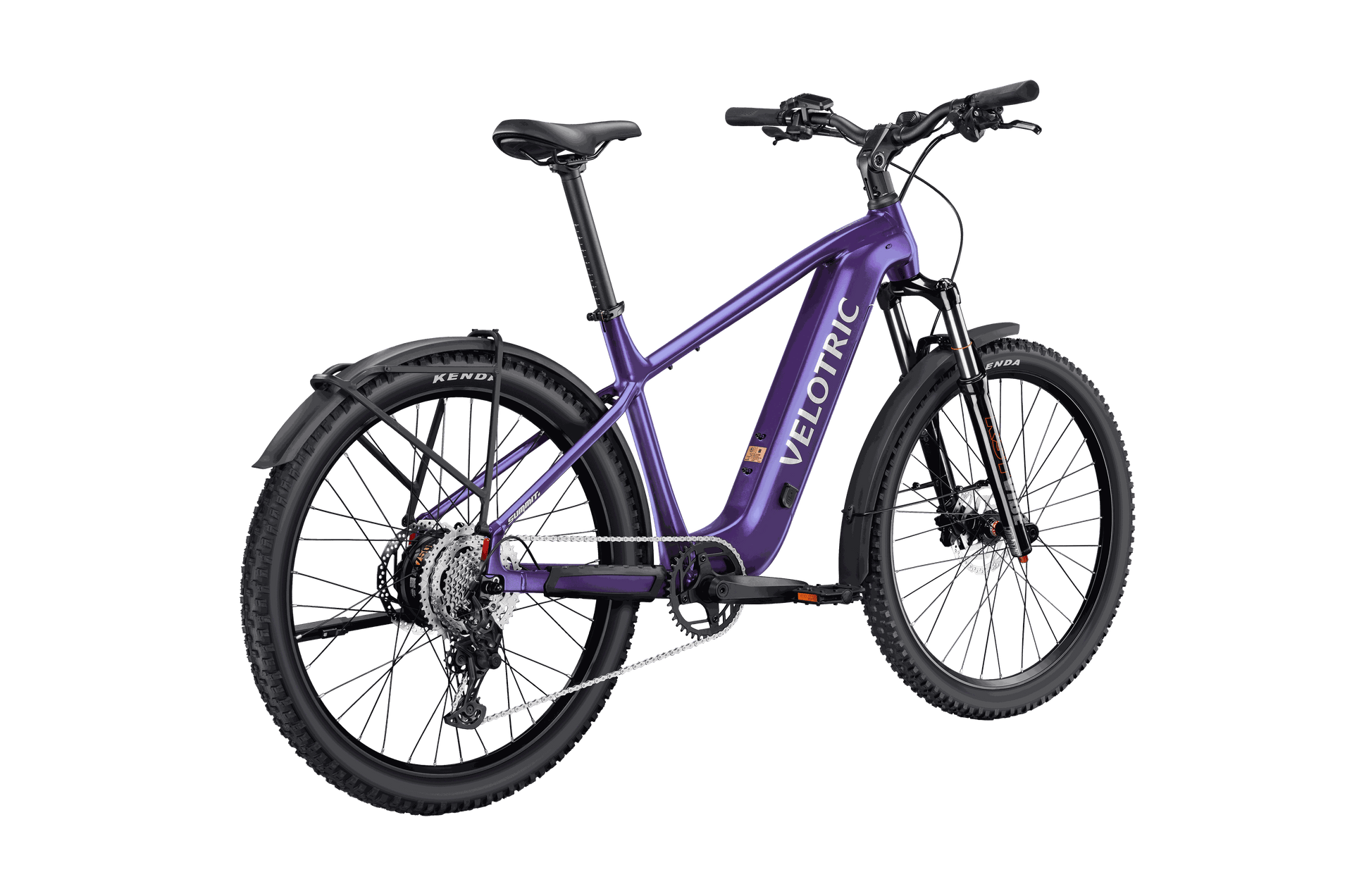 Front view of Velotric Summit 2 navigating a technical trail section with long-travel suspension absorbing shocks and maintaining balance.