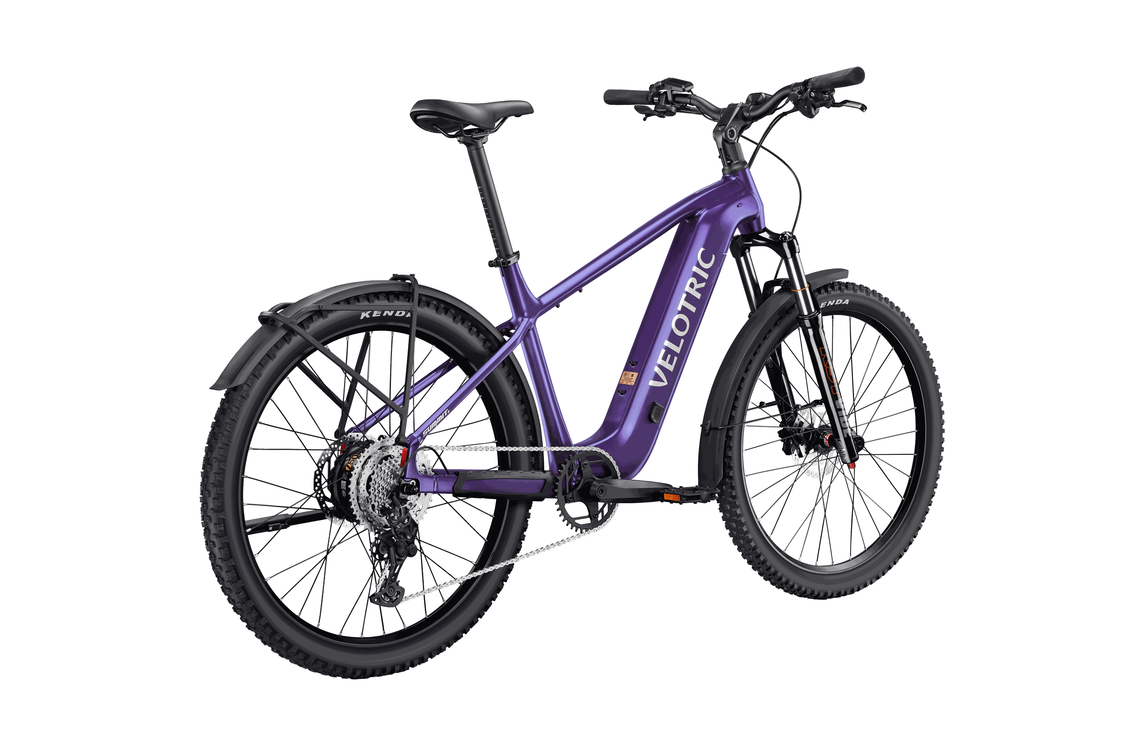 Front view of Velotric Summit 2 navigating a technical trail section with long-travel suspension absorbing shocks and maintaining balance.