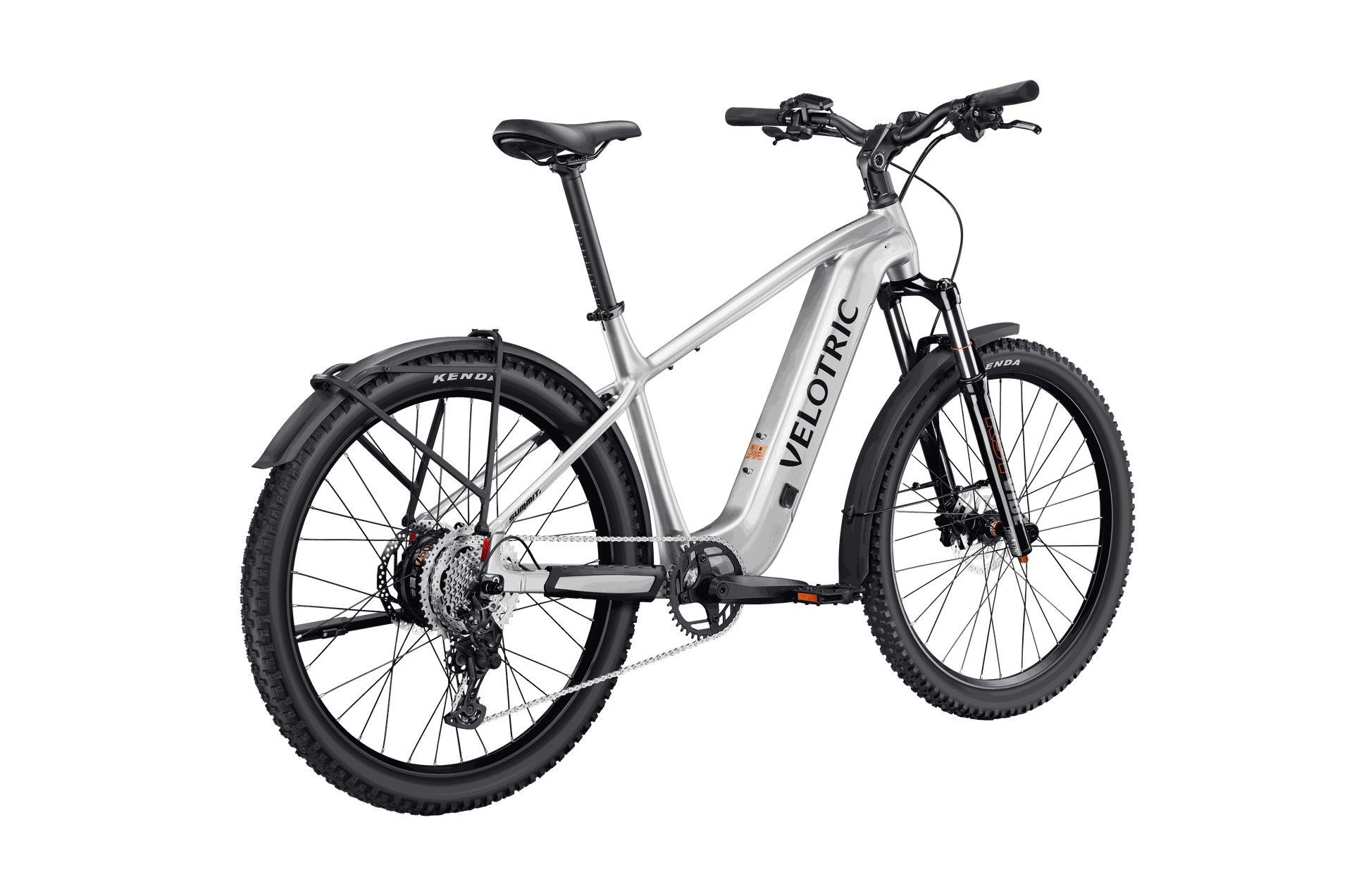 Side view of Velotric Summit 2 showing rugged aluminum frame, 27.5″ mountain bike tires, and front suspension fork.