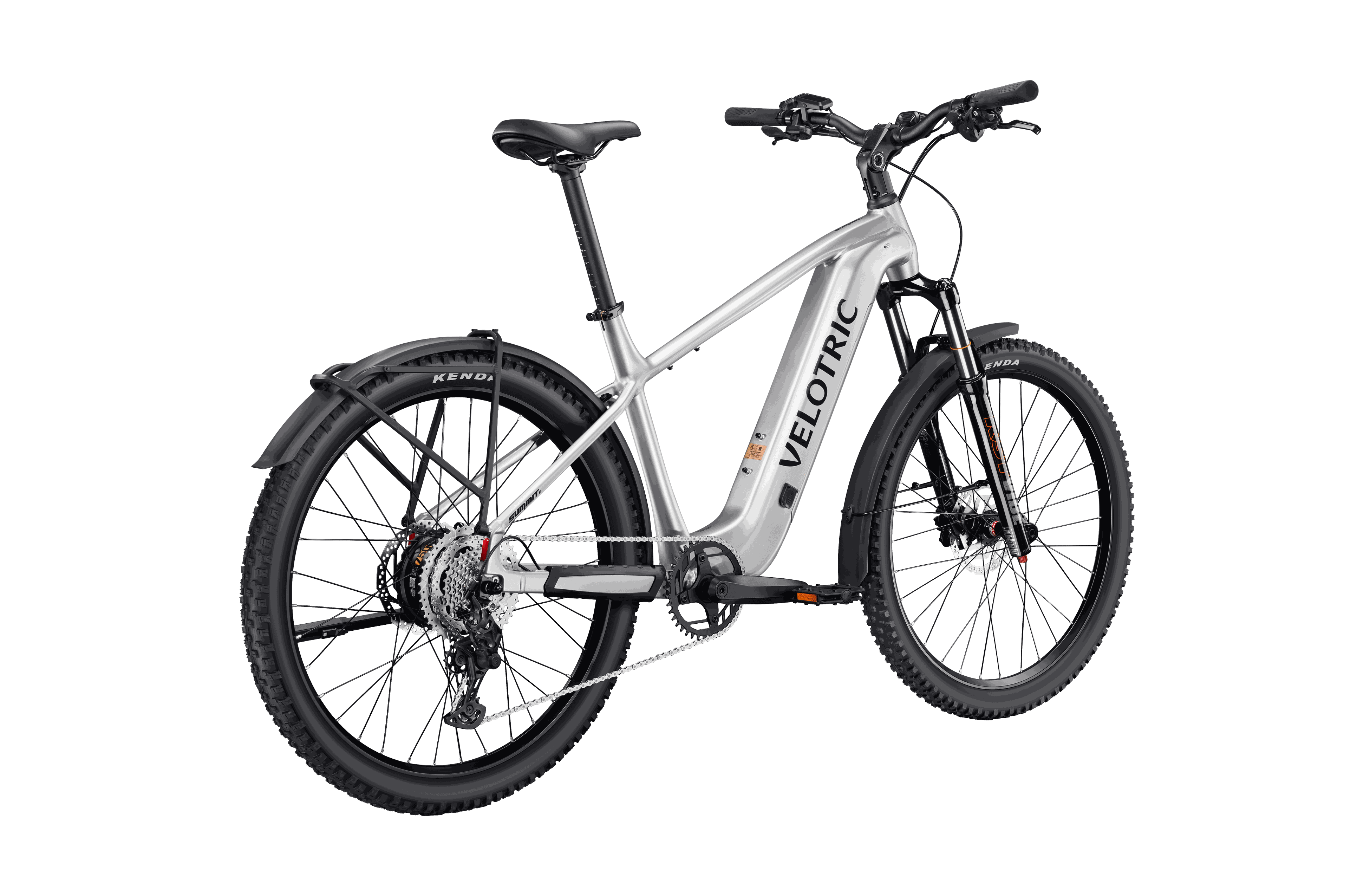 Side view of Velotric Summit 2 showing rugged aluminum frame, 27.5″ mountain bike tires, and front suspension fork.