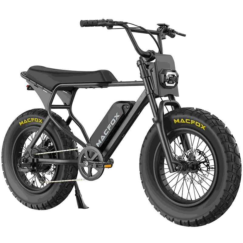 Macfox X7 ebike riding on an off-road dirt path with front suspension fork engaged