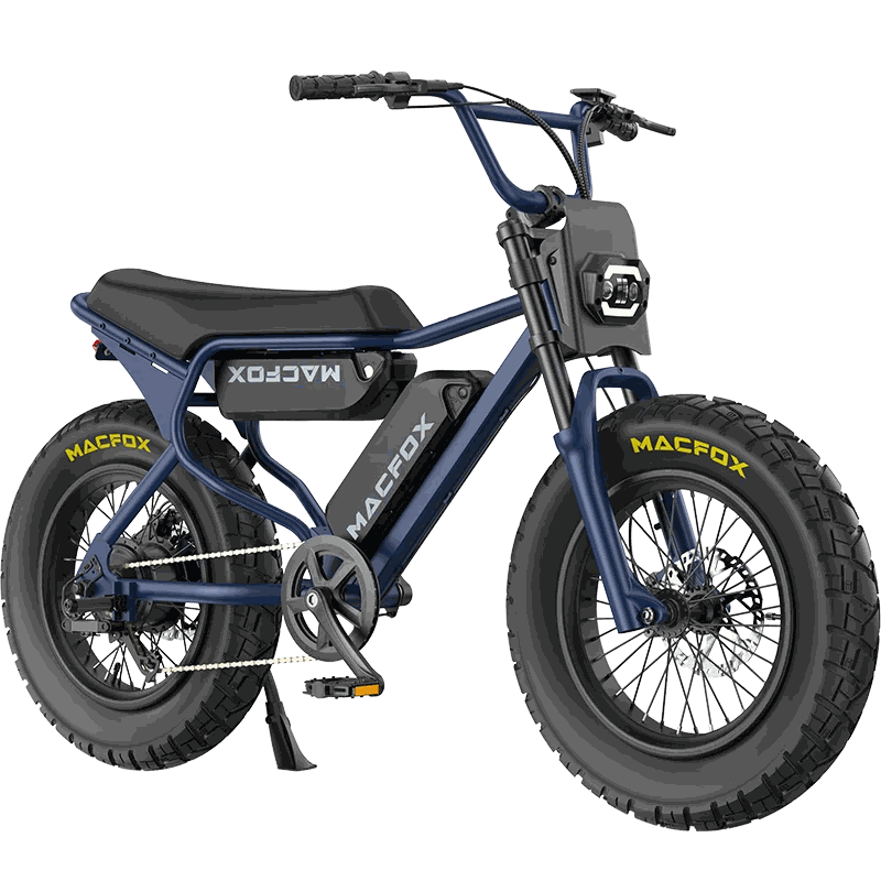 Macfox X7 electric bike parked on a city street with fat tires and integrated LED lighting