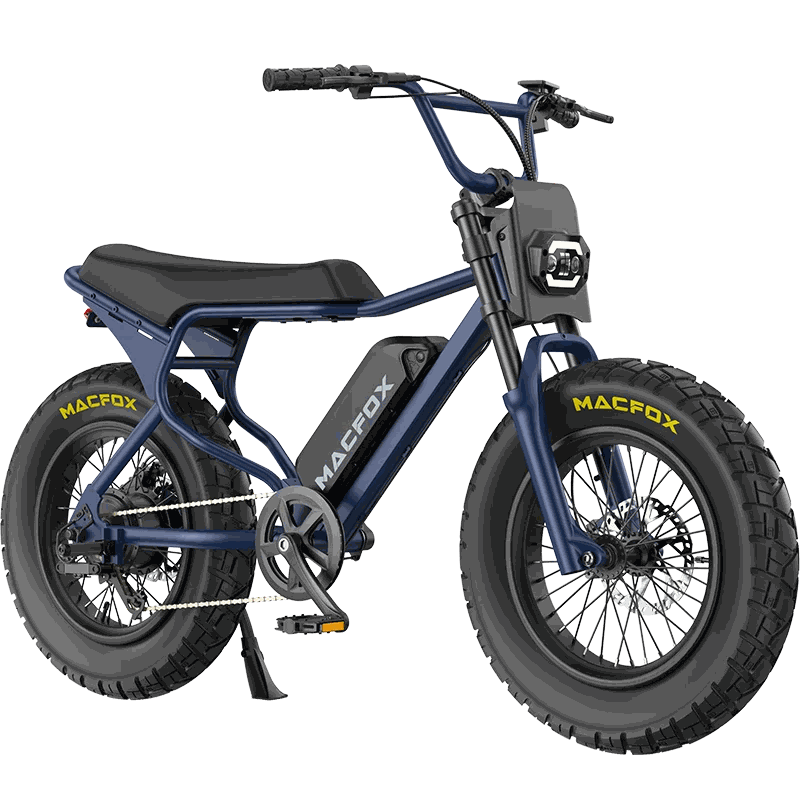 Macfox X7 electric bike parked on a city street with fat tires and integrated LED lighting