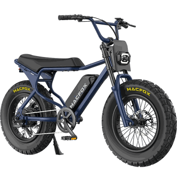 Macfox X7 electric bike parked on a city street with fat tires and integrated LED lighting