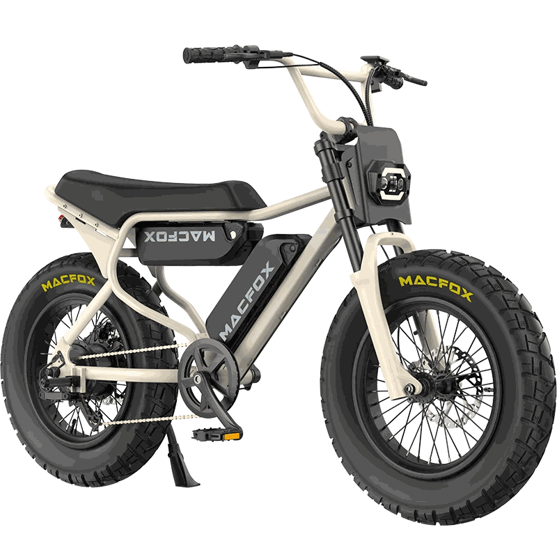 Macfox X7 electric bike parked near a trail sign with text reading up to 70 miles range