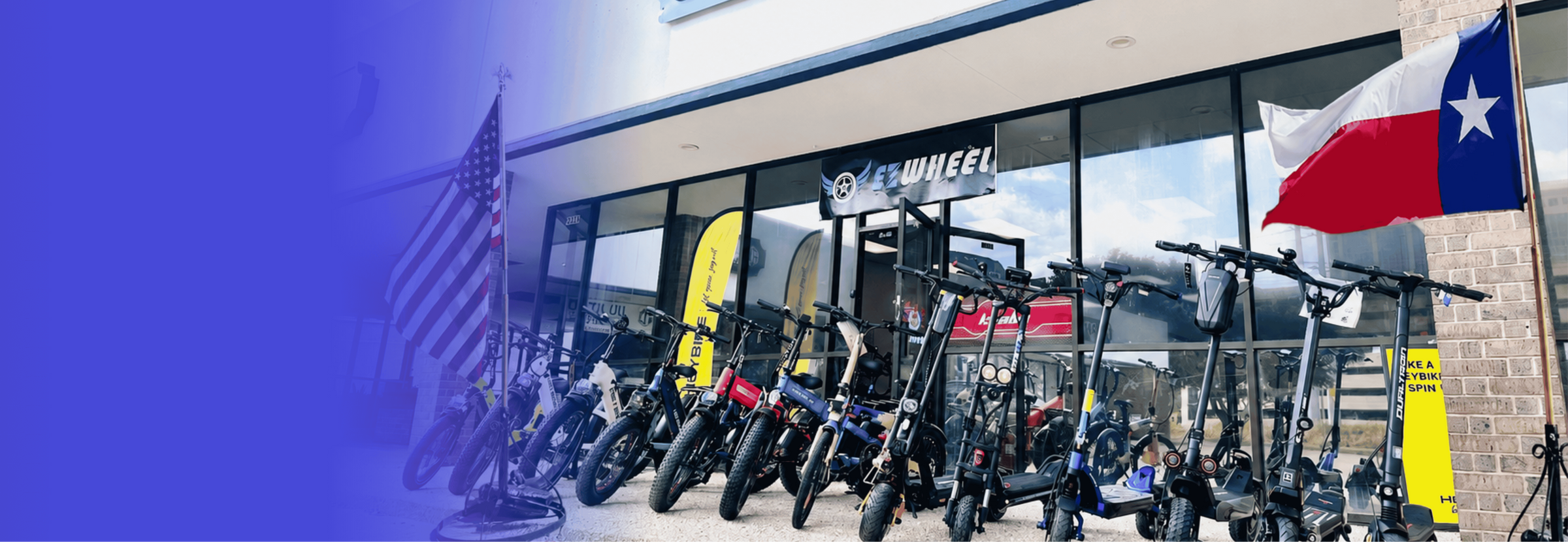 Various electric folding scooters displayed outside EZWheel Texas shop with Texas state flagslider_item_c8347c