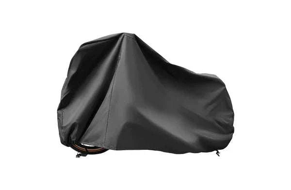 Bike Cover in black waterproof material protecting an electric bike with a sleek fitted design and drawstring closures