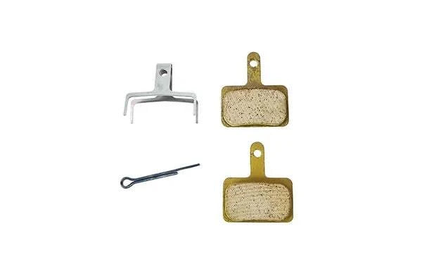 Brake Pads set including two rectangular resin pads with metal backing and mounting hardware for bikes