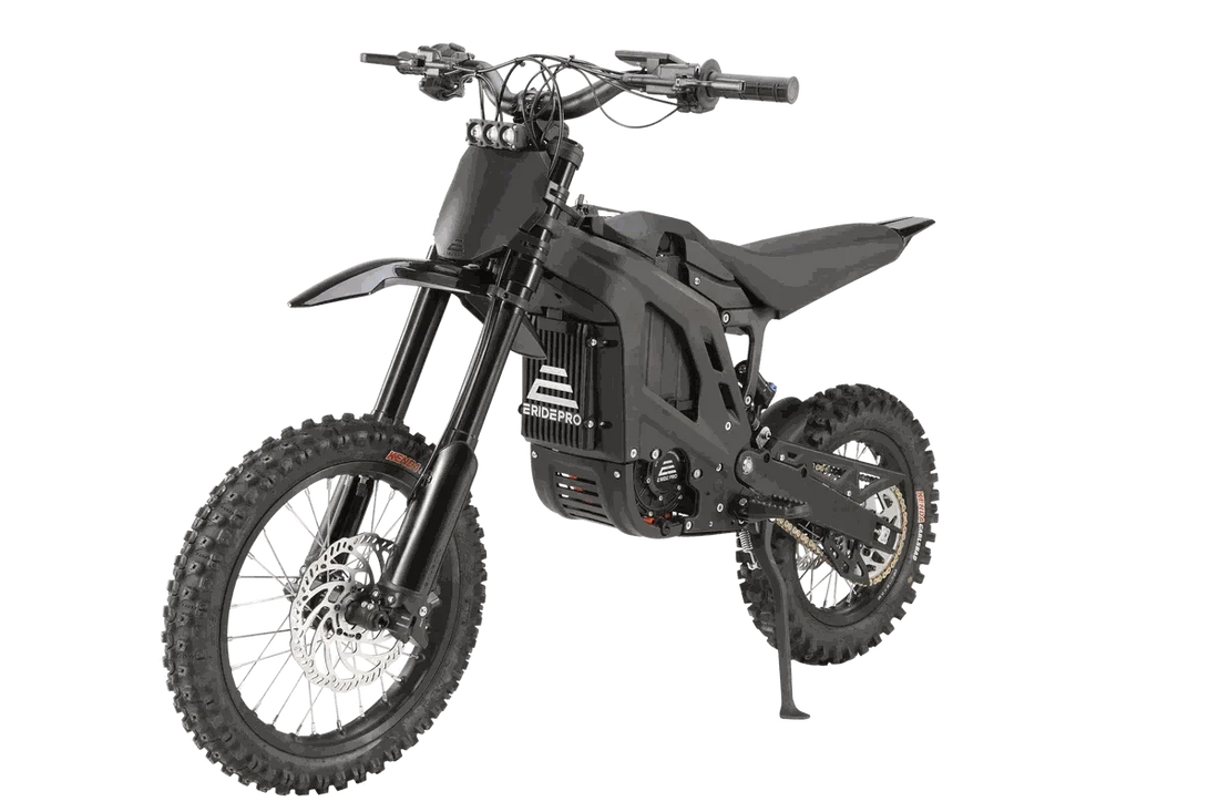 E Ride Pro Mini black electric dirt bike with knobby off-road tires, compact lightweight frame, and disc brakes