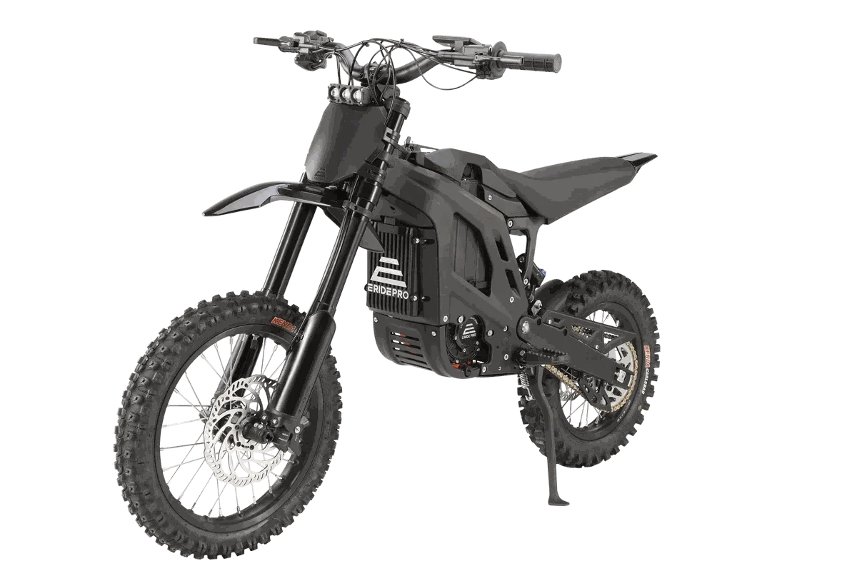 E Ride Pro Mini black electric dirt bike with knobby off-road tires, compact lightweight frame, and disc brakes