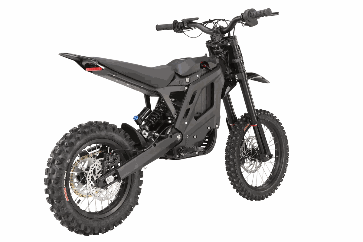 E Ride Pro Mini electric dirt bike in matte black with knobby tires, compact frame, and off-road suspension