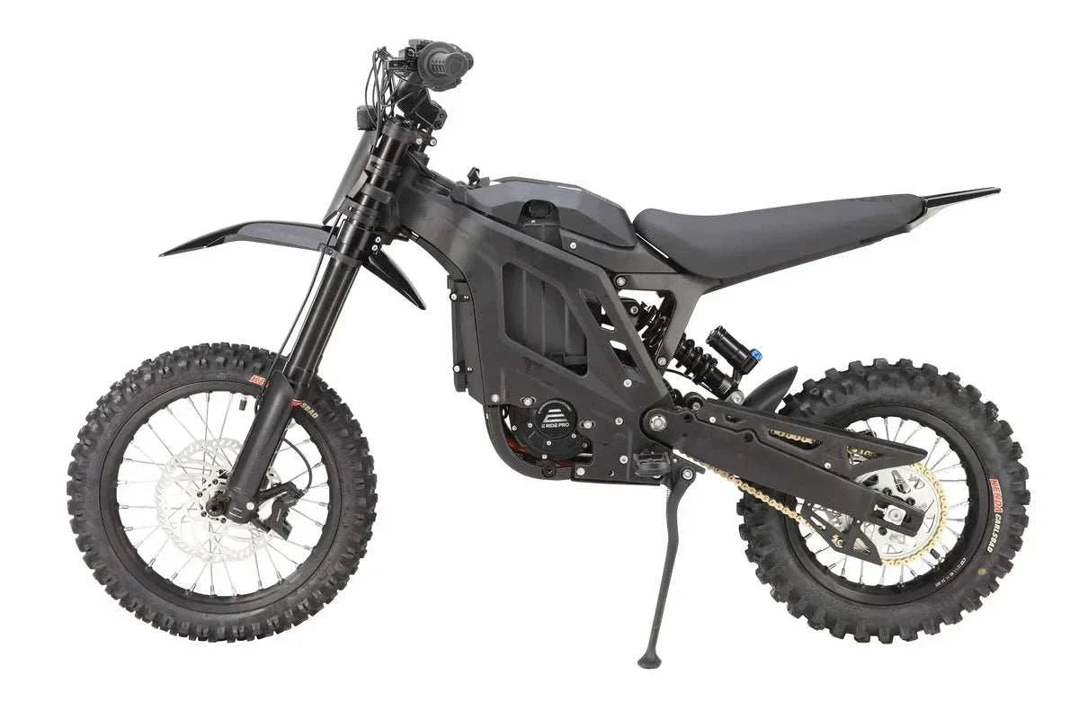 E Ride Pro Mini electric dirt bike in matte black with rugged off-road tires, lightweight frame, and ergonomic seat