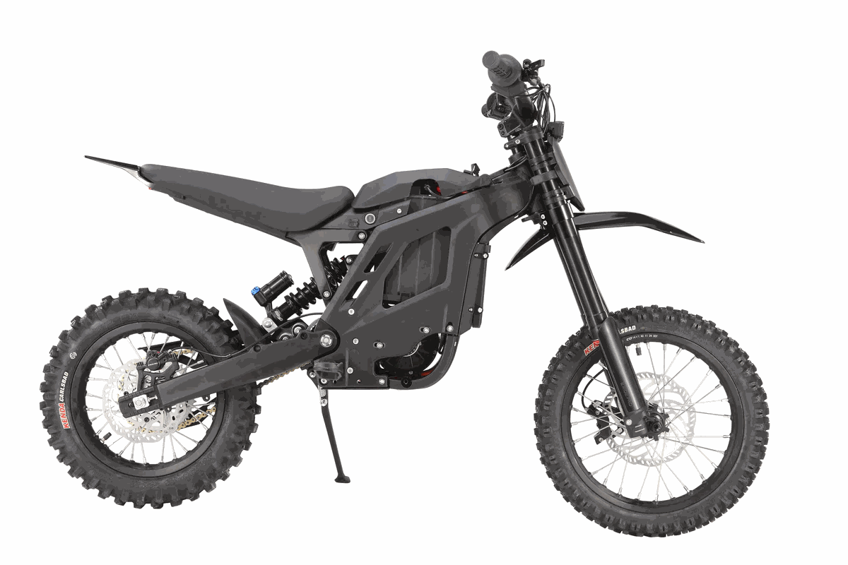 E Ride Pro Mini electric dirt bike in matte black with knobby off-road tires, sturdy frame, and ergonomic seat
