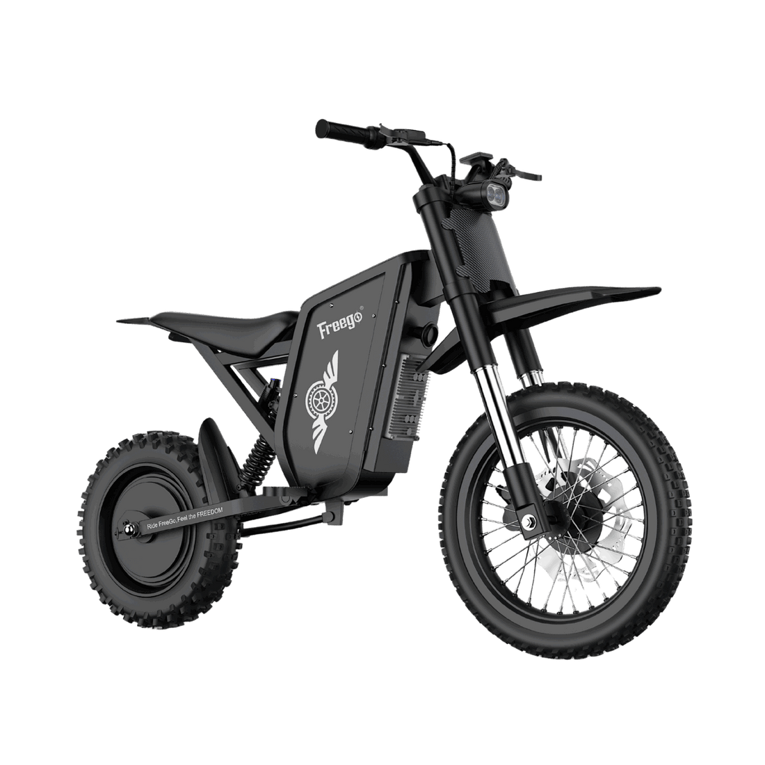 Side view of Freego X0 electric bike with reinforced steel frame and full suspension system on gravel terrain