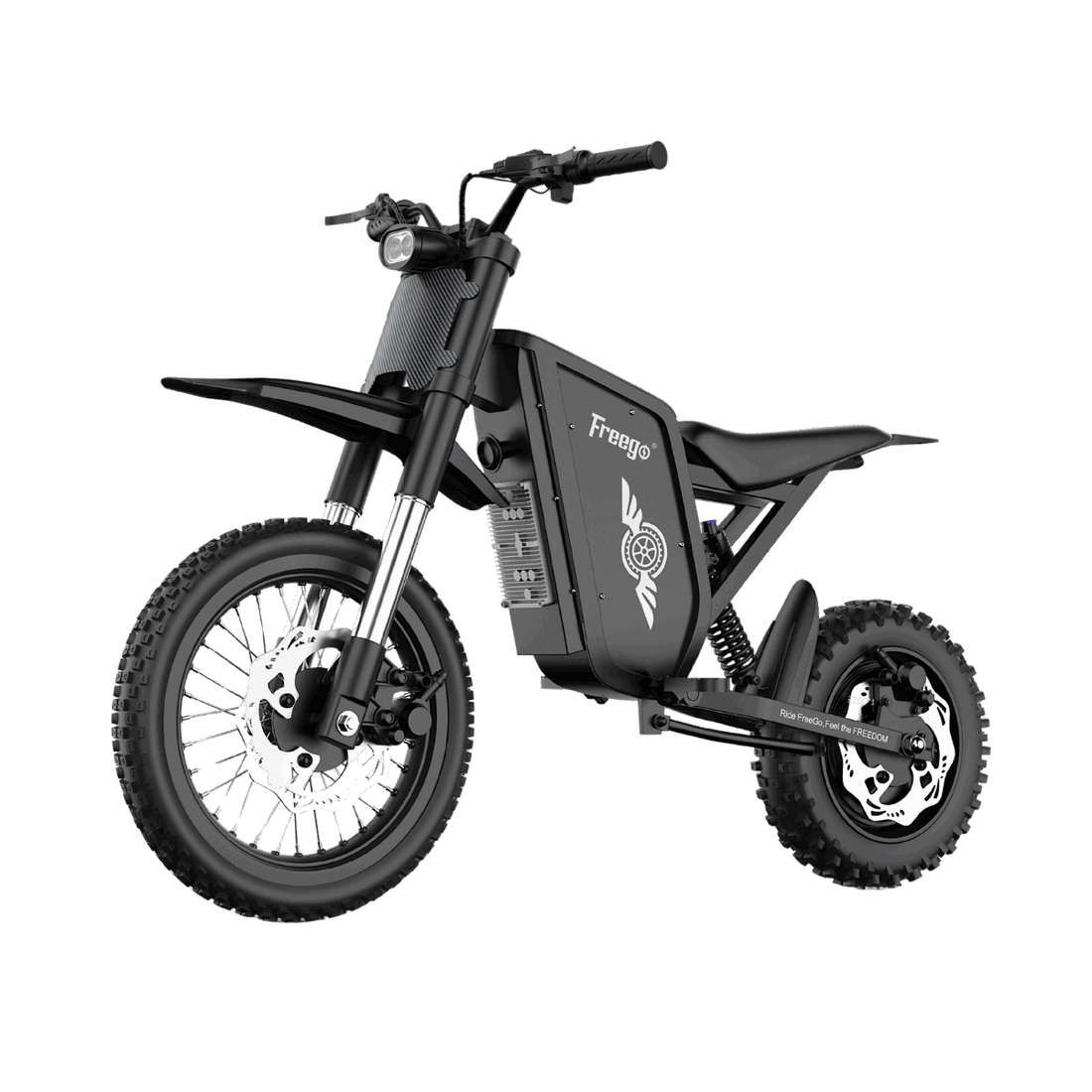 Electric mini bike Freego X0 riding fast on a dirt trail with off-road tires and rugged frame