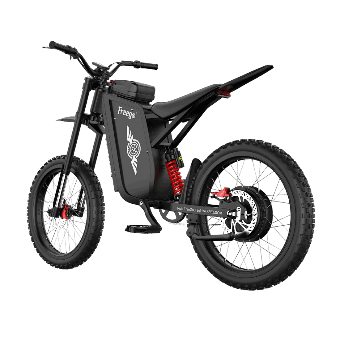Freego X3 electric dirt bike climbing a steep rocky hill with 8000W peak power and off-road tires