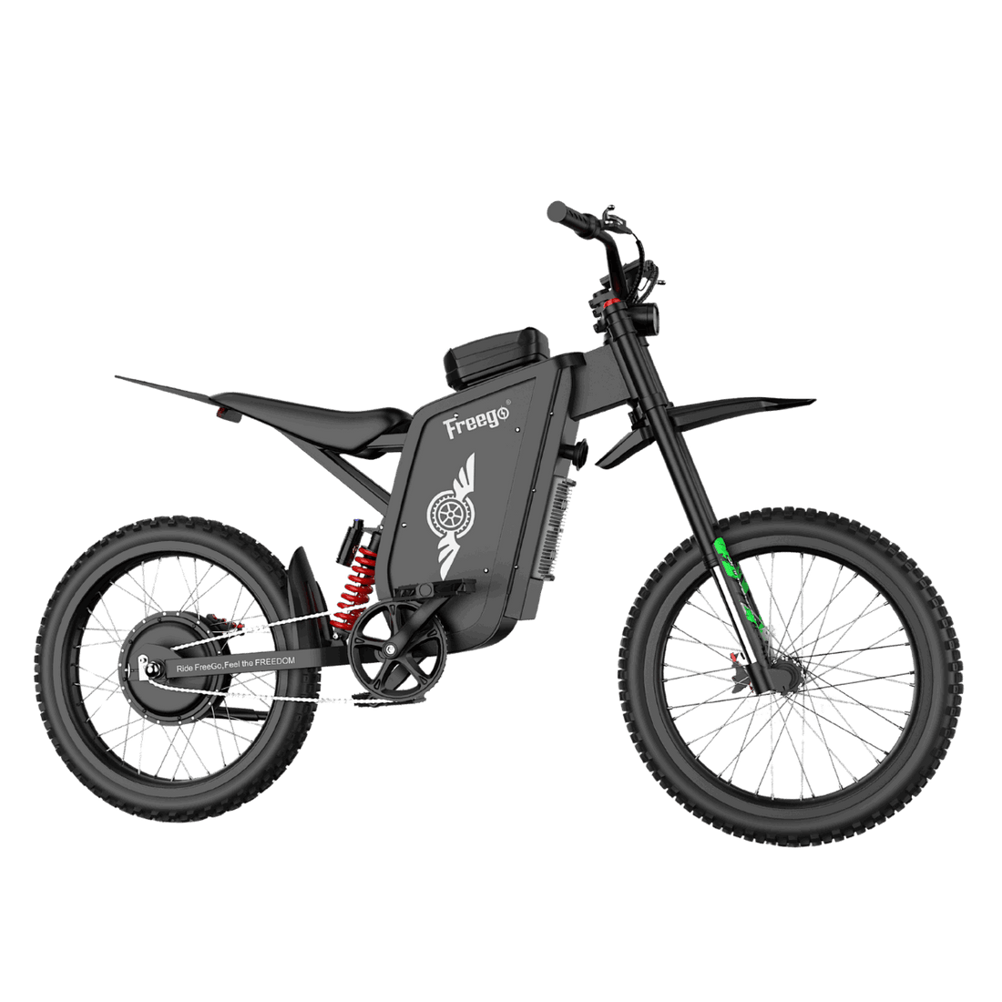 Freego X3 electric dirt bike with inverted front fork and rear shock suspension absorbing bumps on rugged trail